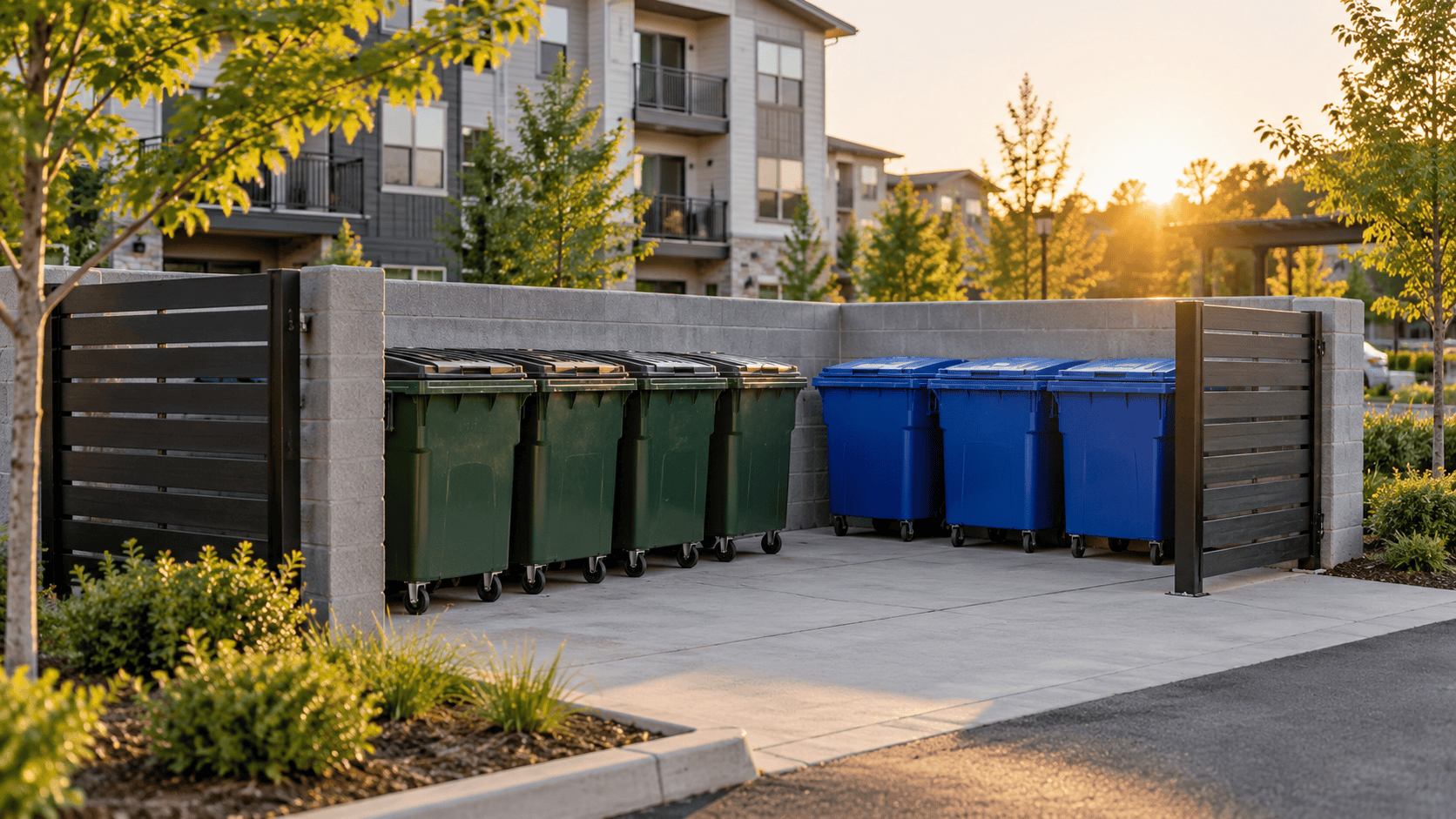 Clean organized trash and recycling enclosure at a multi-family apartment property