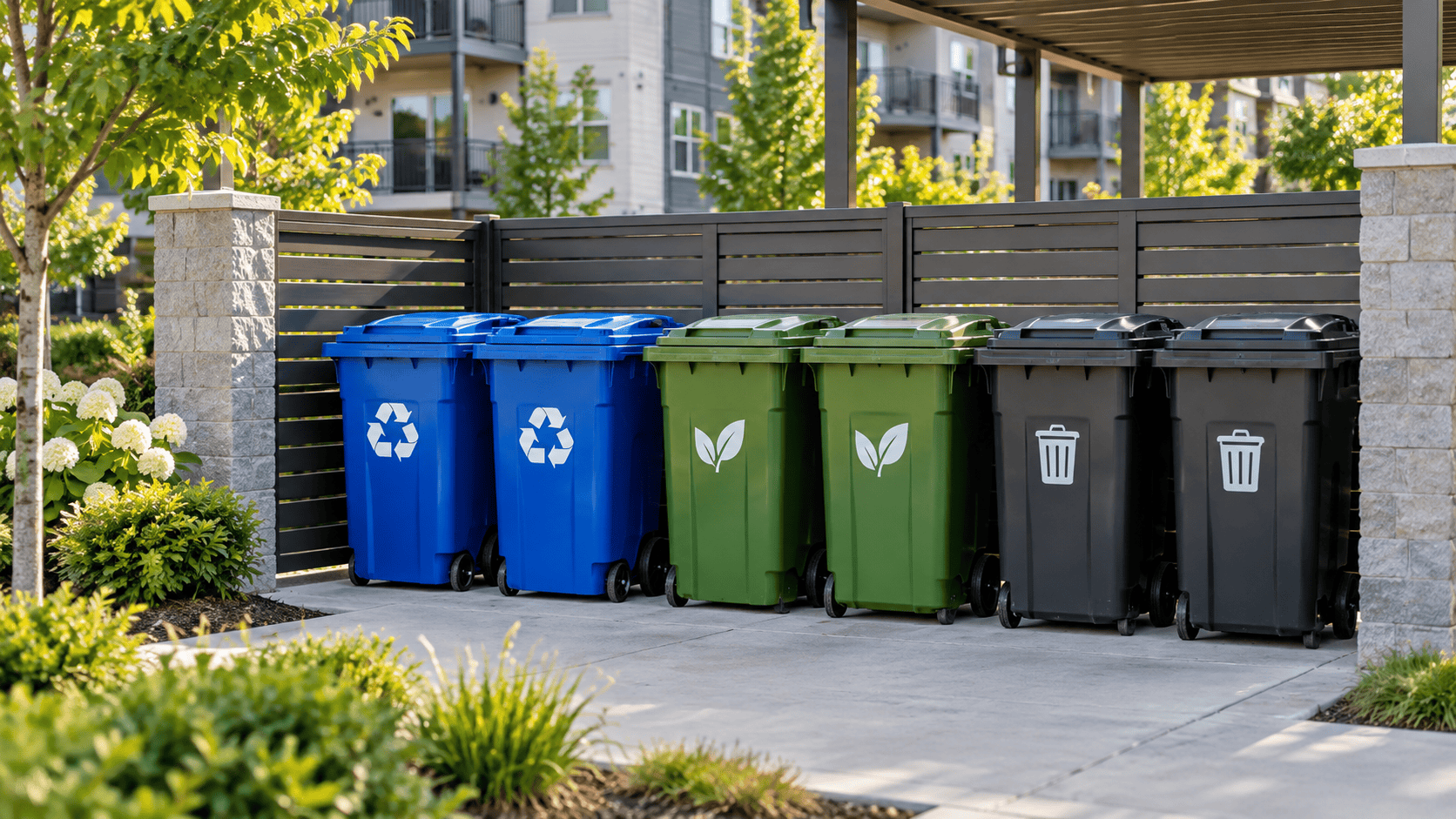 Clean labeled recycling and trash bins at a multi-family apartment property