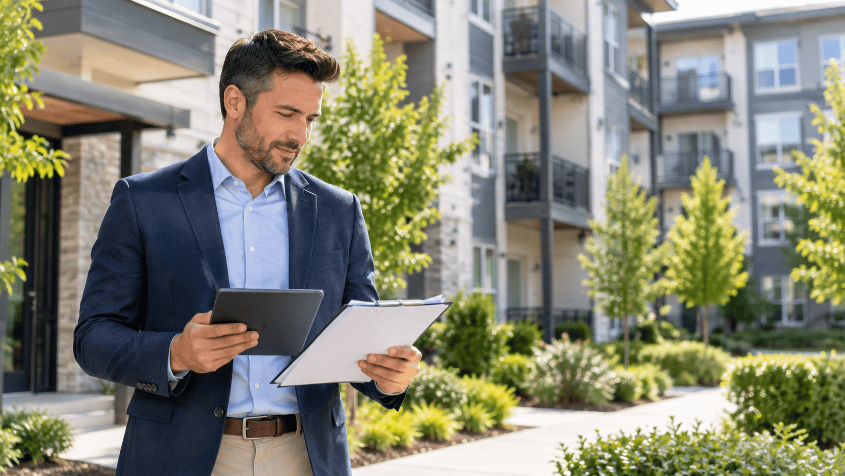 Property manager reviewing operations data in front of a multi-family apartment community