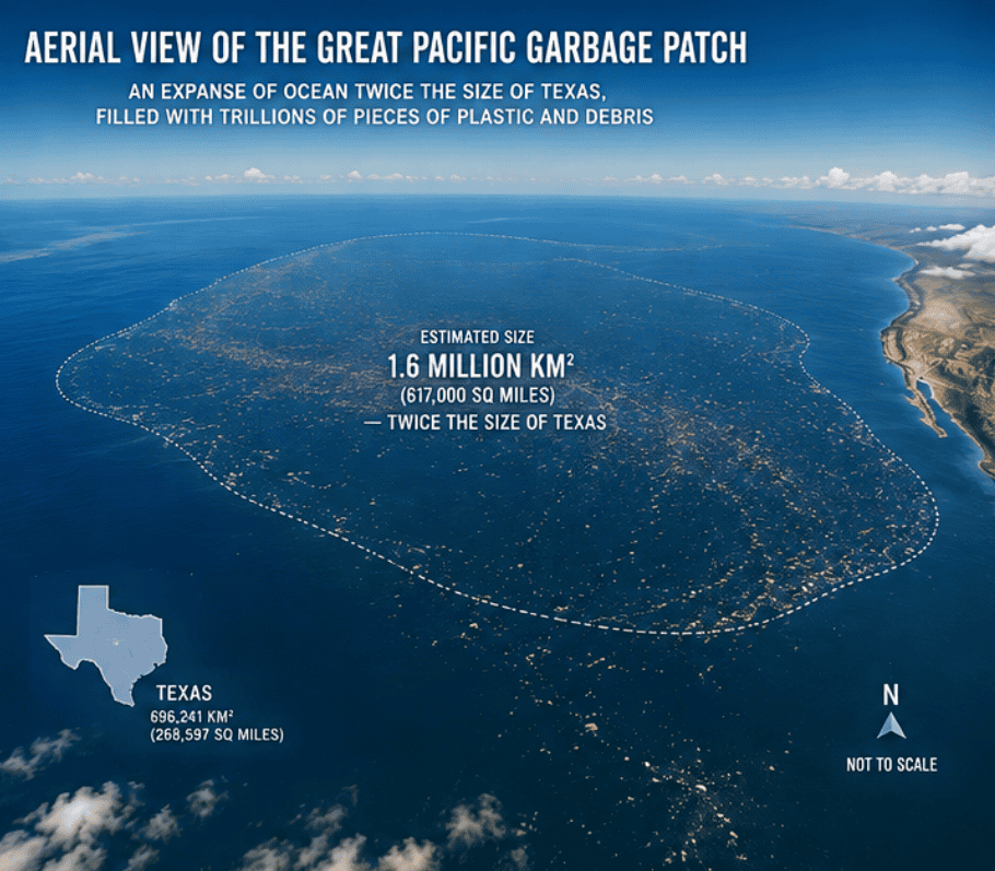 Aerial visualization illustrating the enormous scale of the Great Pacific Garbage Patch in the North Pacific Ocean