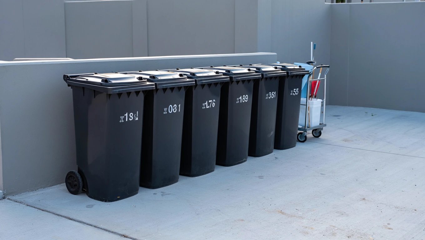 Trash and recycling bins outside a commercial building