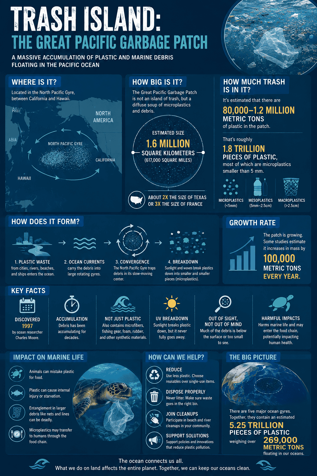 Great Pacific Garbage Patch infographic showing its location, estimated size, plastic debris, formation, and environmental impacts