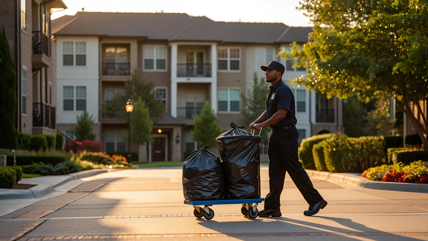 Valet Trash Serviceman rolling trash bin outside of an apartment complex