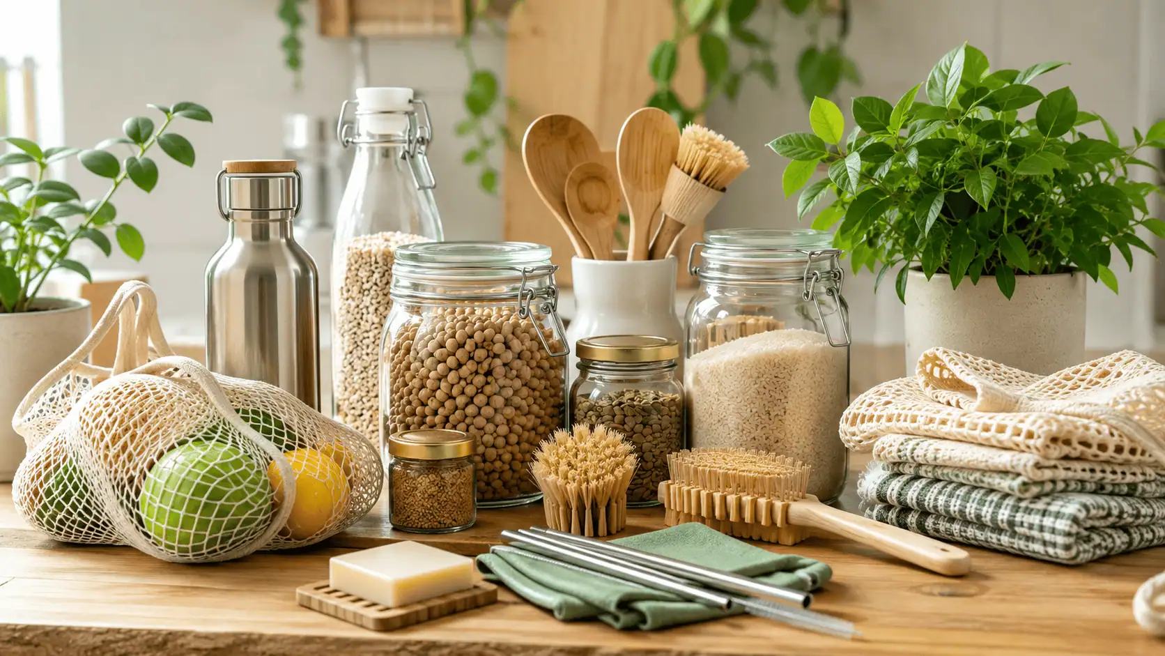 Zero Waste Lifestyle Products On Wood Table